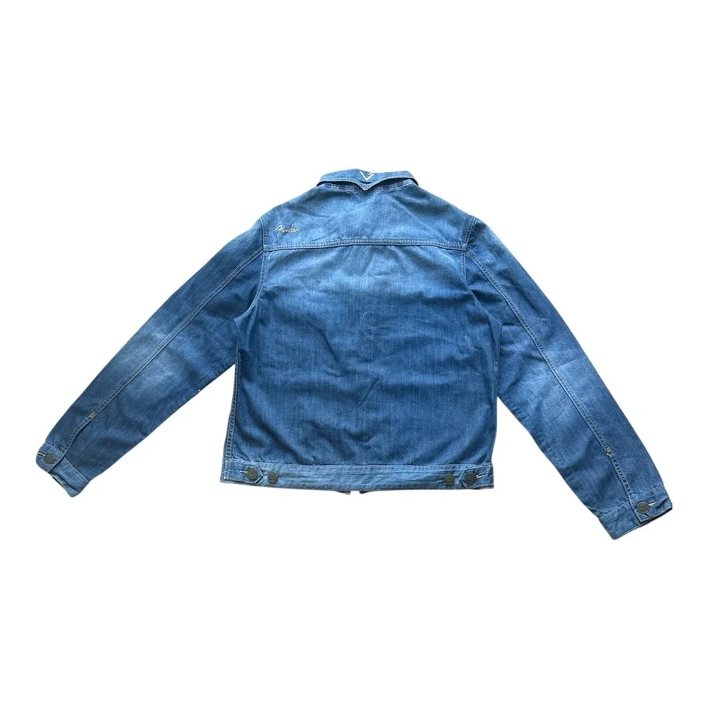 Fender Denim Jacket Mens Medium Wash Blue Plaid Lined Trucker Jacket Embroidered